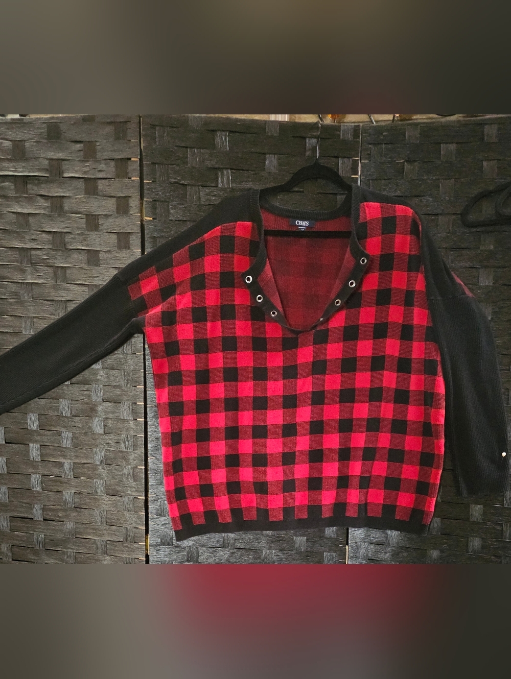 Chaps Red and Black Plaid Knit Top with Scoop Neck